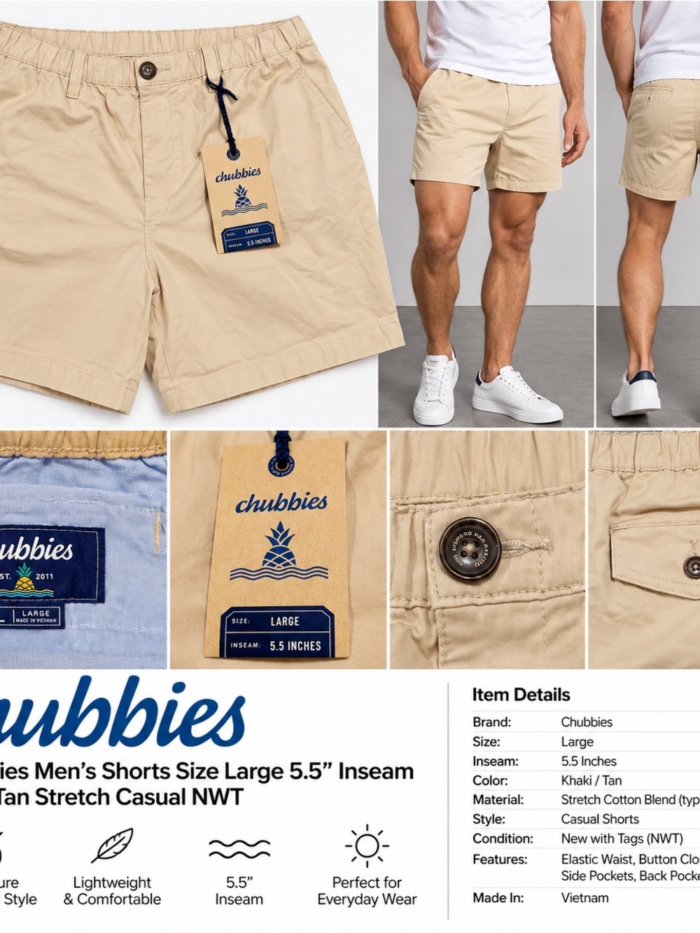 chubbies Men’s Tan Flat Front Casual Shorts